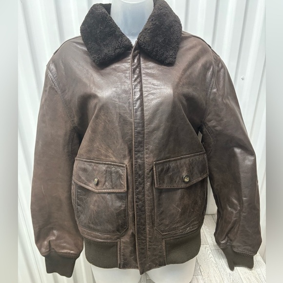 Structure Other - Vintage Structure Men's Brown Leather Bomber Jacket with Black Collar
